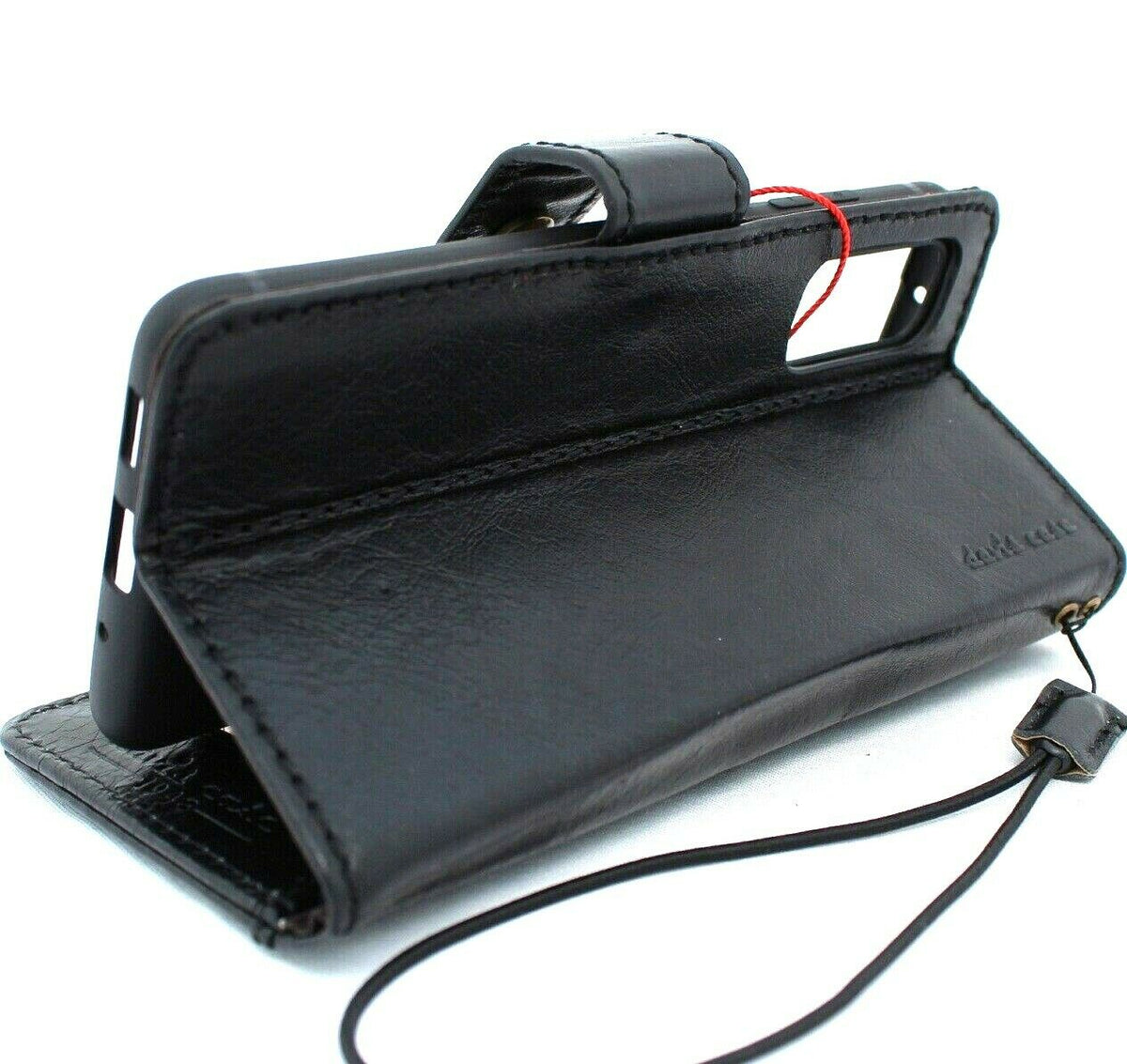 Genuine black leather wallet phone case for Samsung Galaxy S20 with ID window, handmade by DAVISCASE, featuring rubber holder and wireless charging.