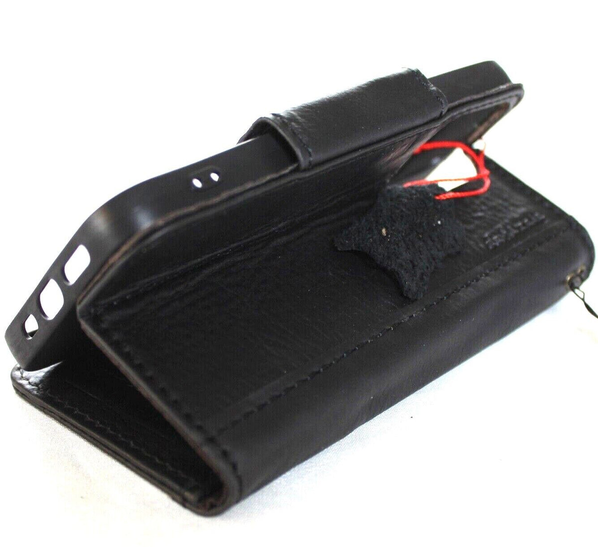 Handmade genuine leather wallet case for iPhone 11-15 Pro Max, featuring ID window, credit card slots, vintage style, black full grain leather.