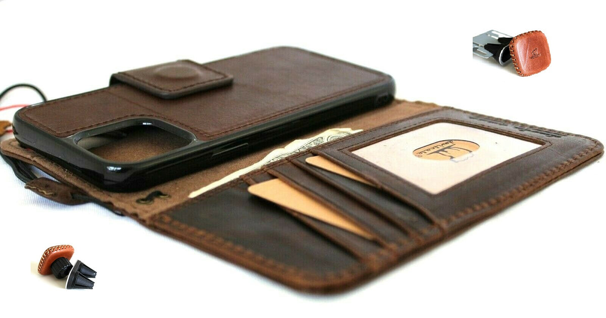 Genuine dark natural leather case for Apple iPhone 12 Pro with ID window, card slots, magnetic cover, and detachable magnetic car holder.