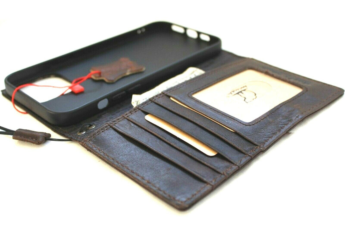 Genuine leather wallet case for iPhone 11-15 Pro Max, handcrafted by DAVISCASE, vintage tiger design with credit card slots and full grain leather