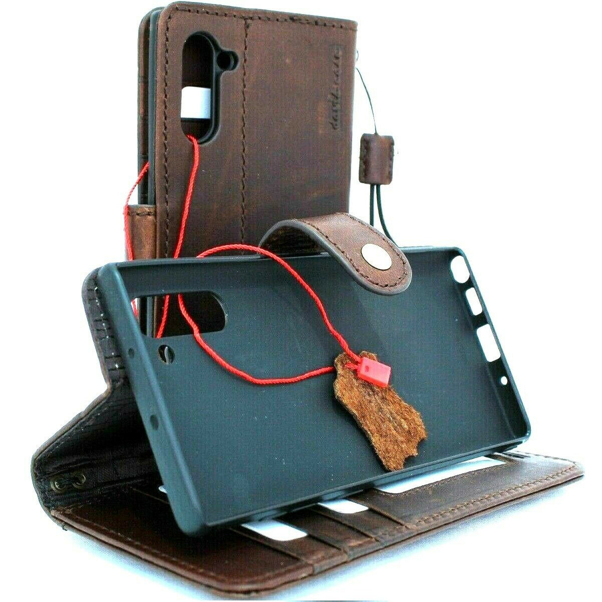 Genuine leather Samsung Galaxy Note 10 case with wallet design, card slots, button closure, flip cover, and rubber strap.