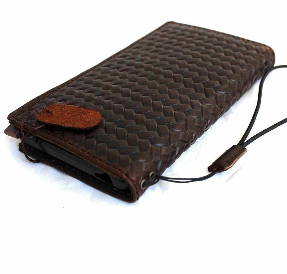 Brown genuine leather iPhone SE 2 case with wallet card slots, slim design, book cover style, suitable for wireless charging.