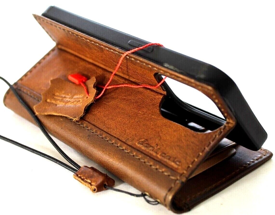 Handmade genuine leather phone case for Apple iPhone 13-18 Pro Max with eagle craft falcon wallet design in vintage tan, with card slots.