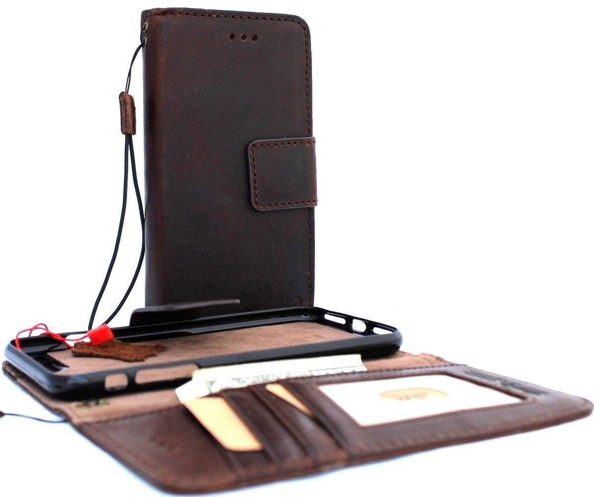 Genuine leather iPhone 8 Plus wallet case by DAVISCASE with card slots, slim vintage design, detachable soft holder, and book-style cover.