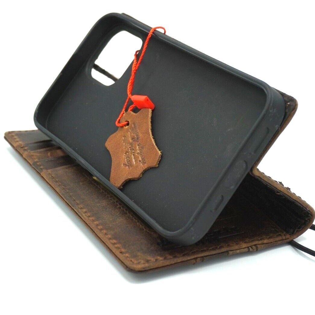 Handcrafted genuine leather wallet case for Apple iPhone 11-15 Pro Max, with credit card slots, vintage style, and full grain leather finish.