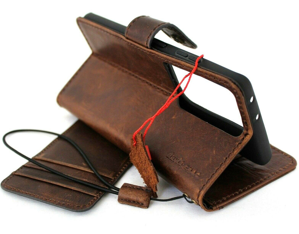 Dark genuine top grain leather Samsung Galaxy S21 Ultra 5G wallet case with handmade design, rubber holder, and wireless charging compatibility.
