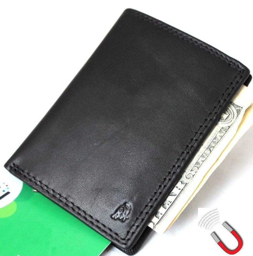 Black men's genuine leather mini wallet with card slots, coin zipper, and magnetic closure, slim and soft for everyday use.