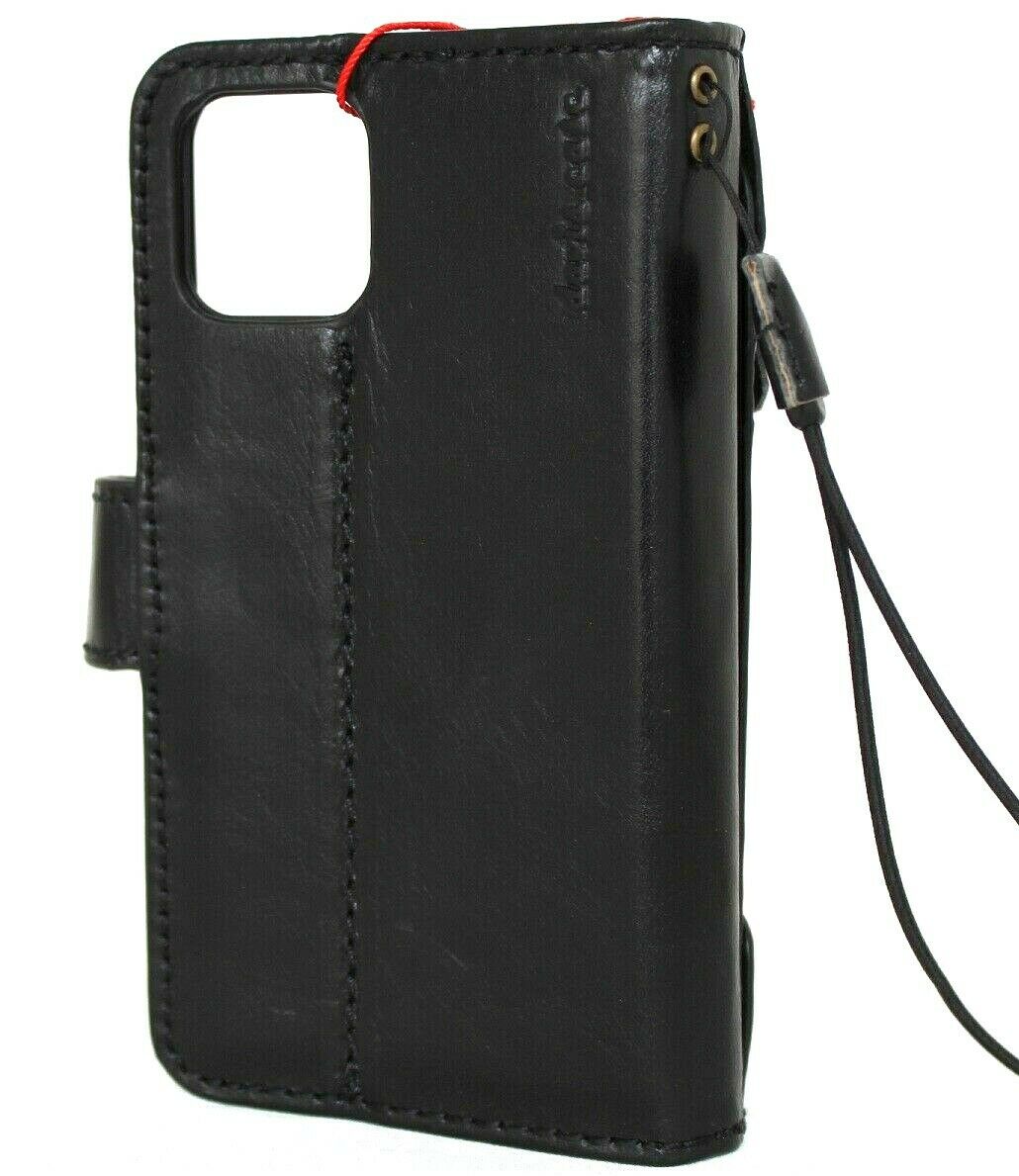 Genuine black leather Apple iPhone 12 Pro case with wallet design, ID window, credit card slots, soft full grain cover by DAVISCASE.