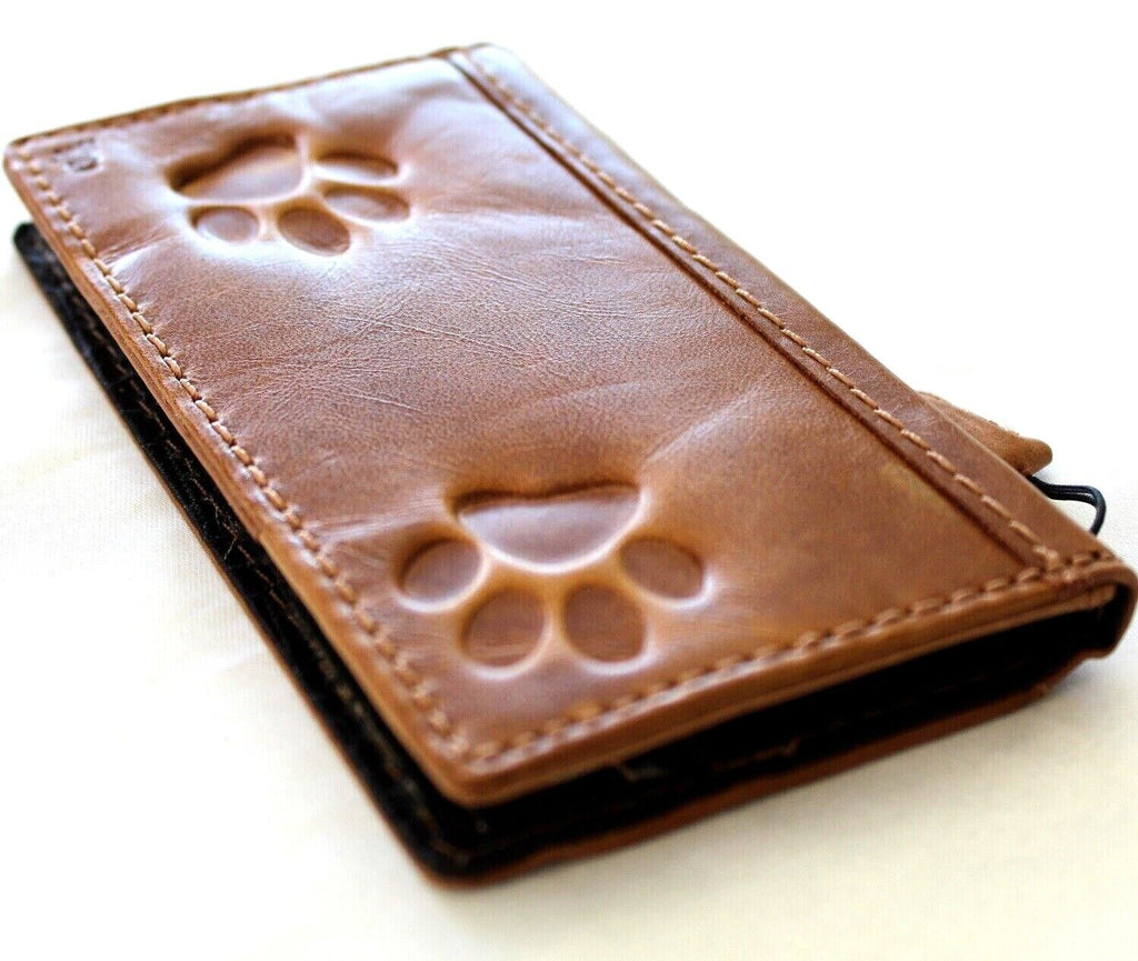 Handmade genuine leather wallet phone case for iPhone 11-15 Pro Max, with vintage Dog Paw and Tiger stamping, credit card slots.