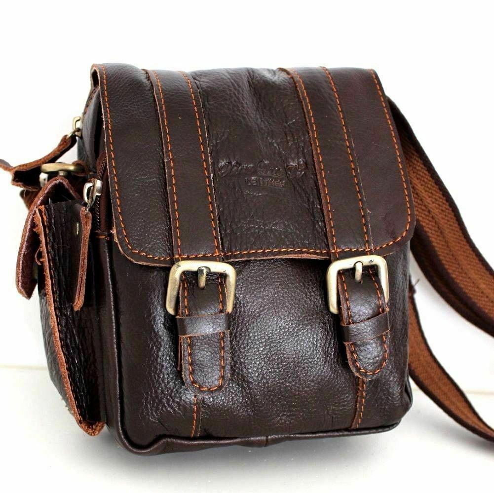 Brown DAVISCASE men's genuine full grain leather waist pouch with vintage crossbody design and adjustable belt.