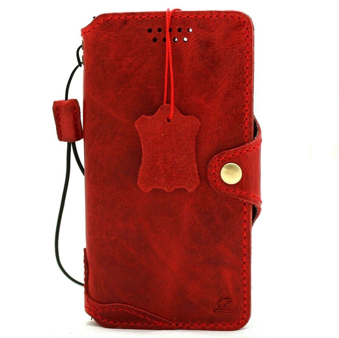 Genuine soft red leather iPhone 12 case with vintage book wallet design, credit card slots, slim full-grain cover by DAVISCASE.