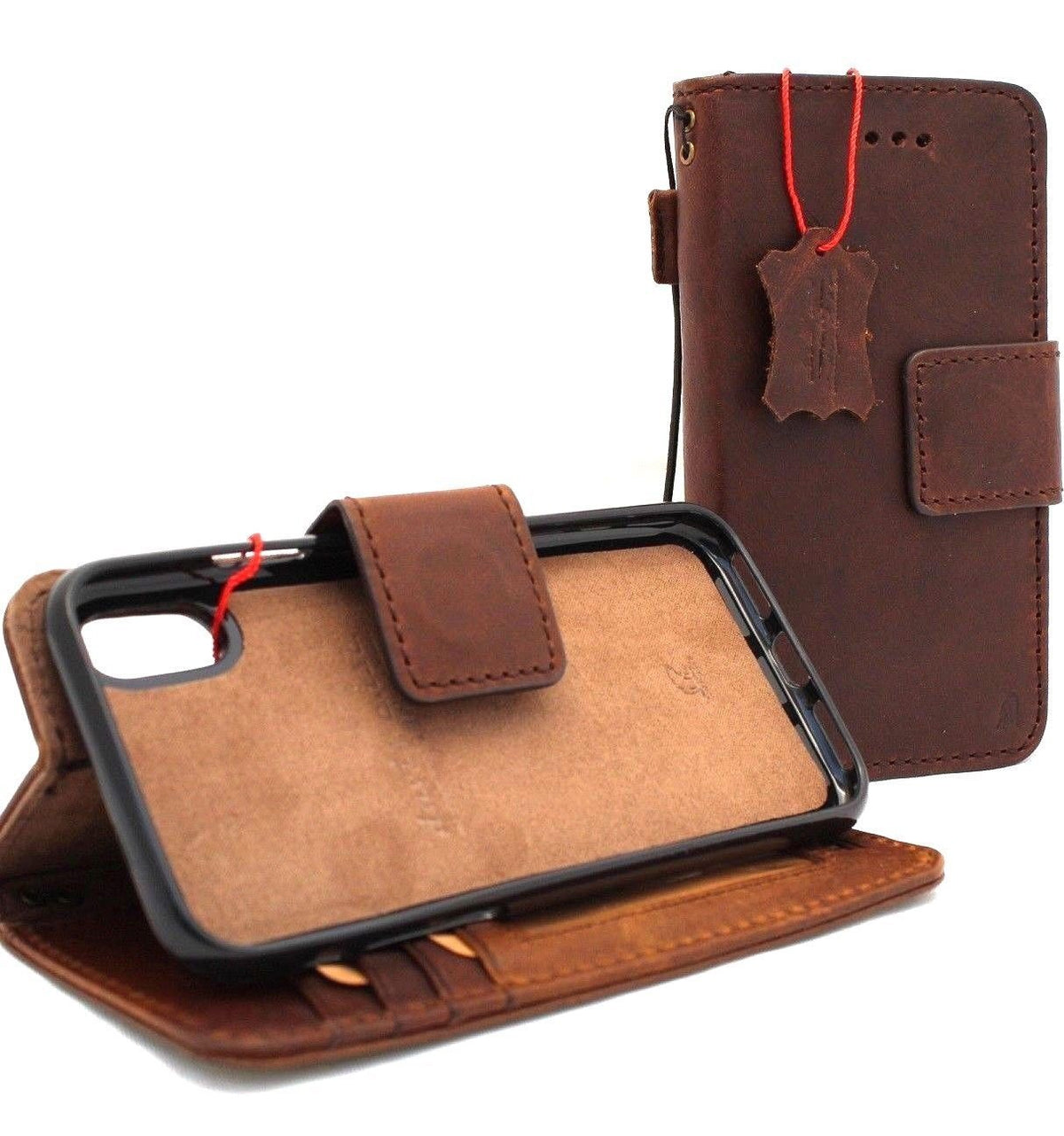 Genuine full leather Apple iPhone XS case by DAVISCASE with wallet features, credit card slots, magnetic detachment, and car holder.