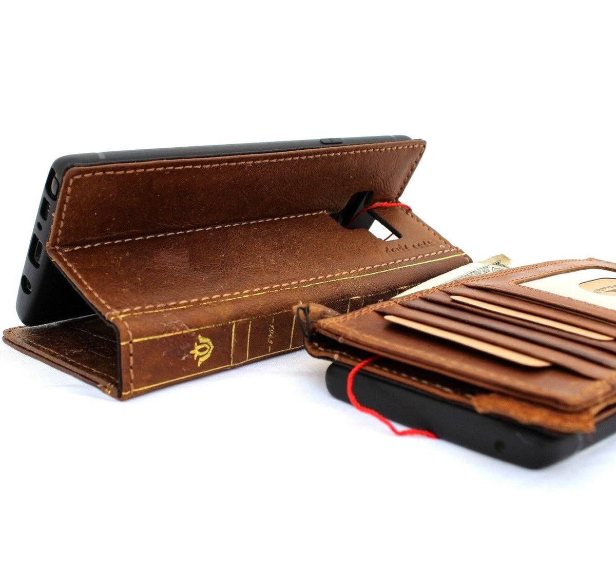 Genuine tan leather Samsung Galaxy Note 9 wallet case by DAVISCASE with card slots, slim design, and wireless charging compatibility.