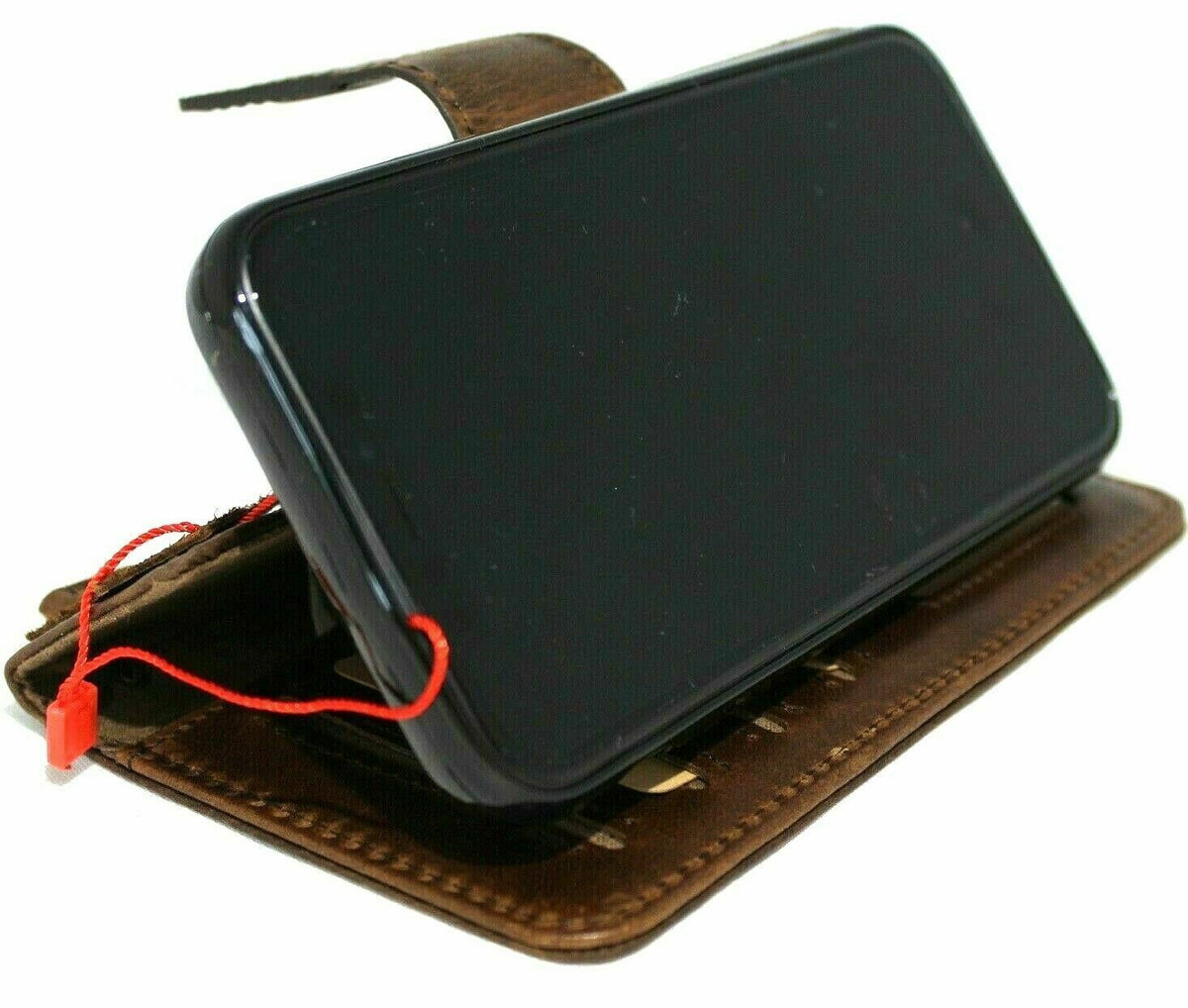 Genuine full dark leather iPhone 11 Pro case by DAVISCASE with wallet-style design, credit card slots, ID window, and detachable holder