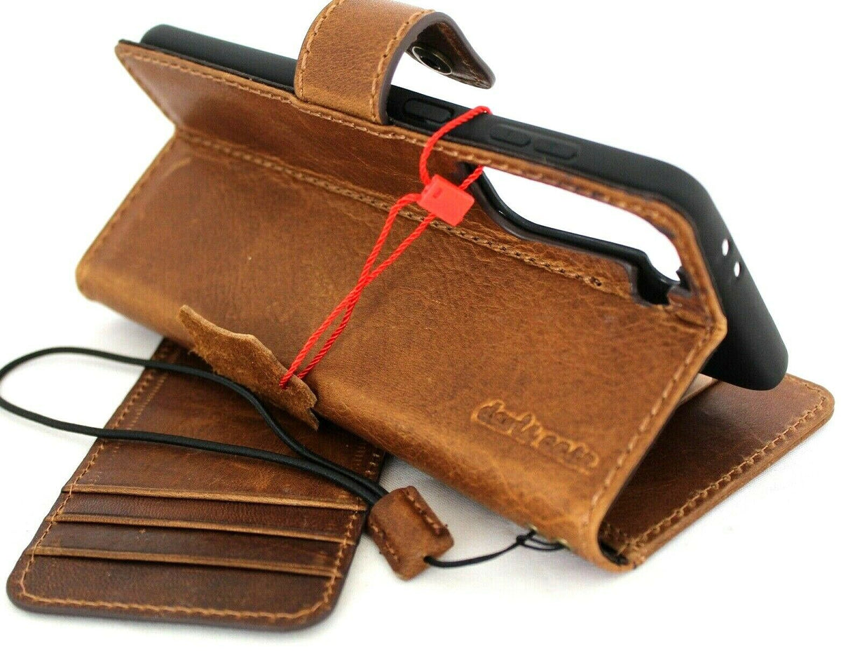 Vintage tan leather Samsung Galaxy S21 Plus 5G leather wallet case with card slots, rubber ID window, and soft book-style cover.