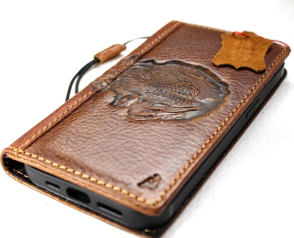 Handmade DAVISCASE genuine leather phone case for iPhone 11-15 Pro Max, vintage tan style with credit card slots and embossed eagle design.