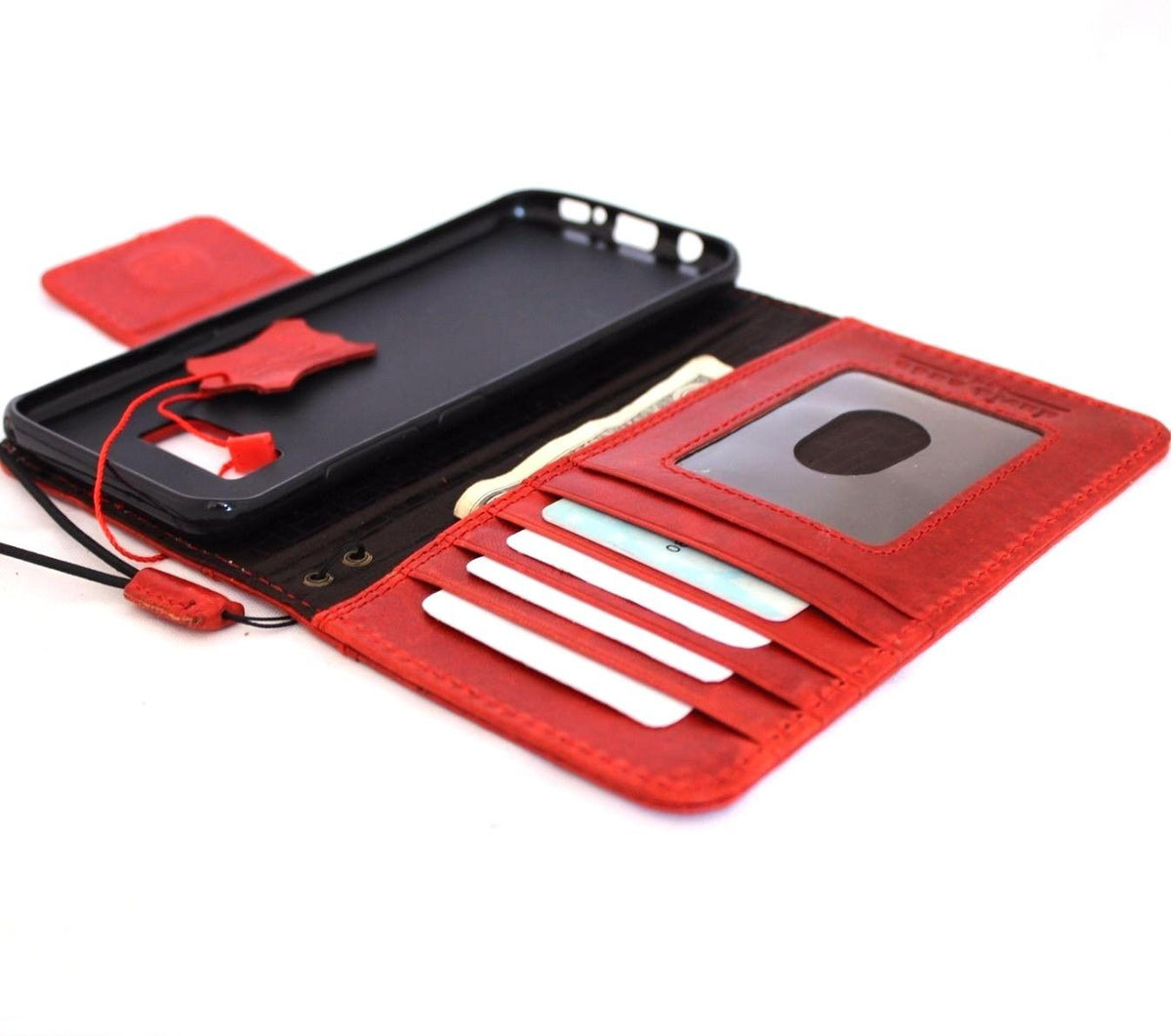 Vintage red leather Samsung Galaxy S8 wallet case with magnetic closure, handmade phone cover with a classic book-style design.