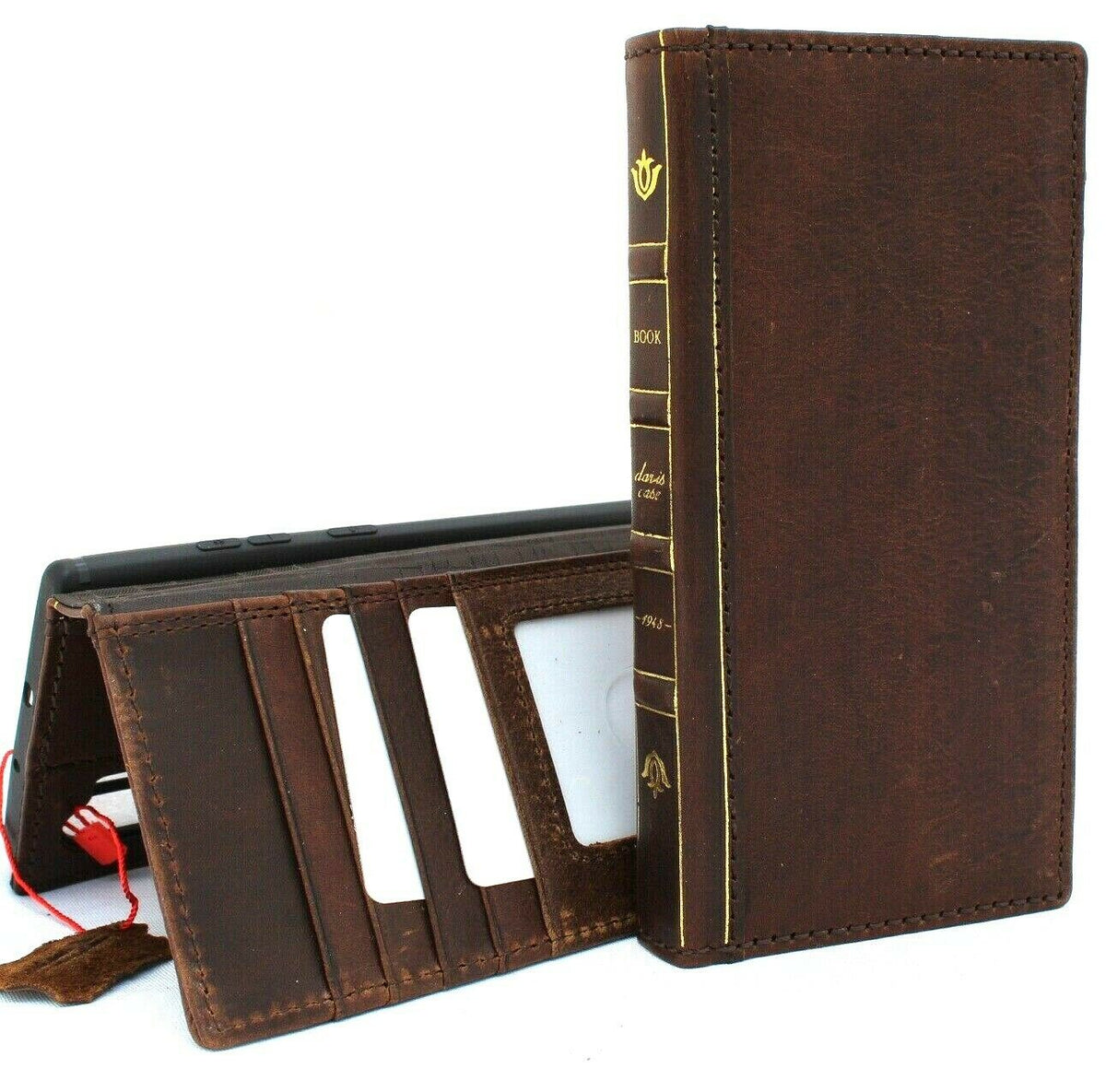 Genuine vintage leather wallet case for Samsung Galaxy Note 10 Plus with card slots, rubber stand, window, and Bible book style design.