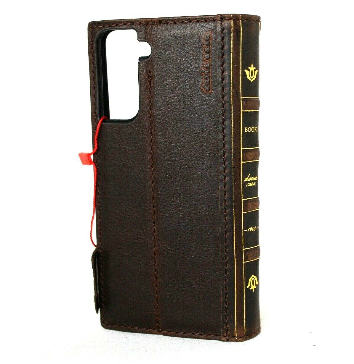 Genuine leather wallet case for Samsung Galaxy S21 Plus 5G by DAVISCASE with Bible book design, card slots, and wireless charging holder.