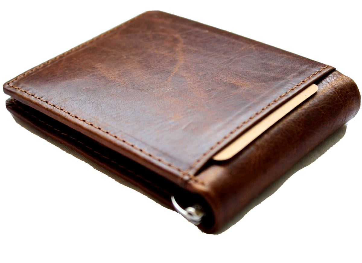 Men's genuine leather wallet by DAVISCASE with credit card slots, bill compartment, and Tree of Life design in tan handmade style.