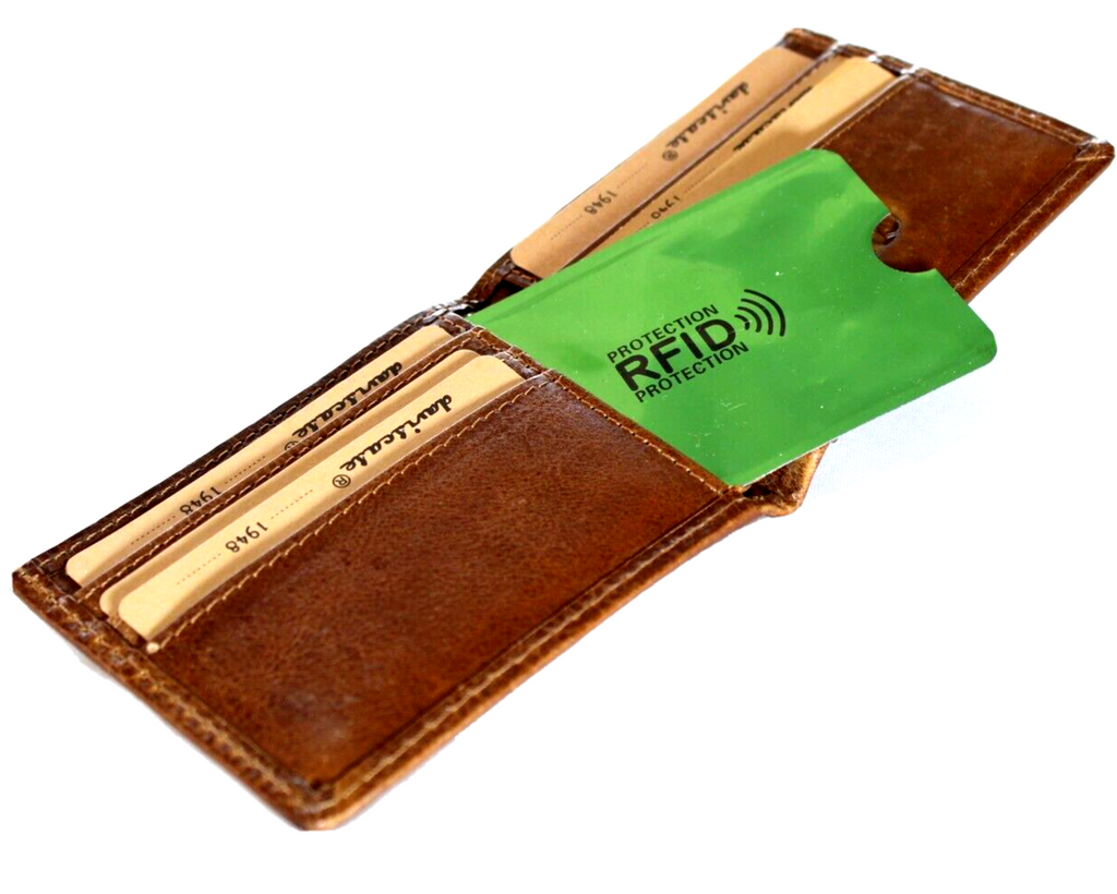 Men's genuine leather wallet by DAVISCASE with credit card slots, bill compartment, featuring a handmade tan leather design with Tree of Life detail.