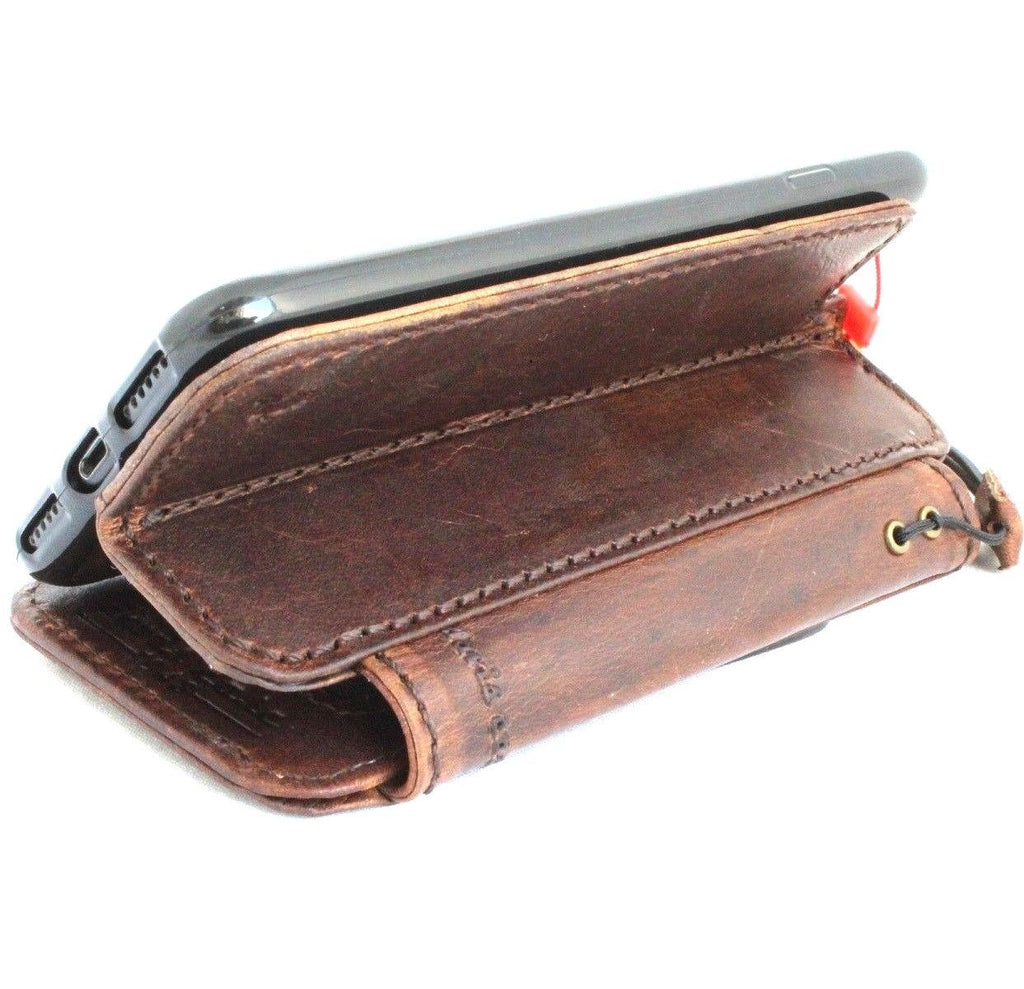 Handmade genuine Italian leather iPhone 8 wallet case with card slots, removable cover, in elegant luxury design.