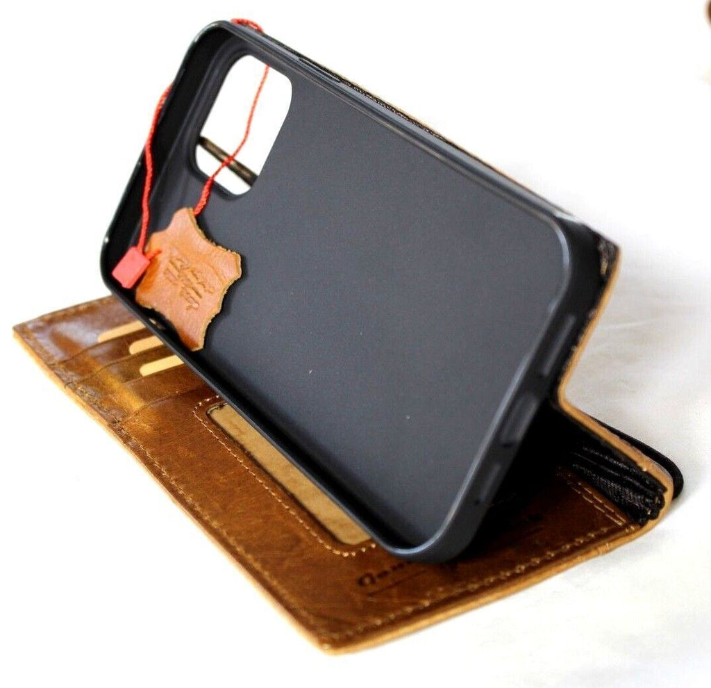 Genuine leather DAVISCASE phone wallet case for iPhone 11-15 Pro Max, vintage handcrafted design with card slots and full grain leather.