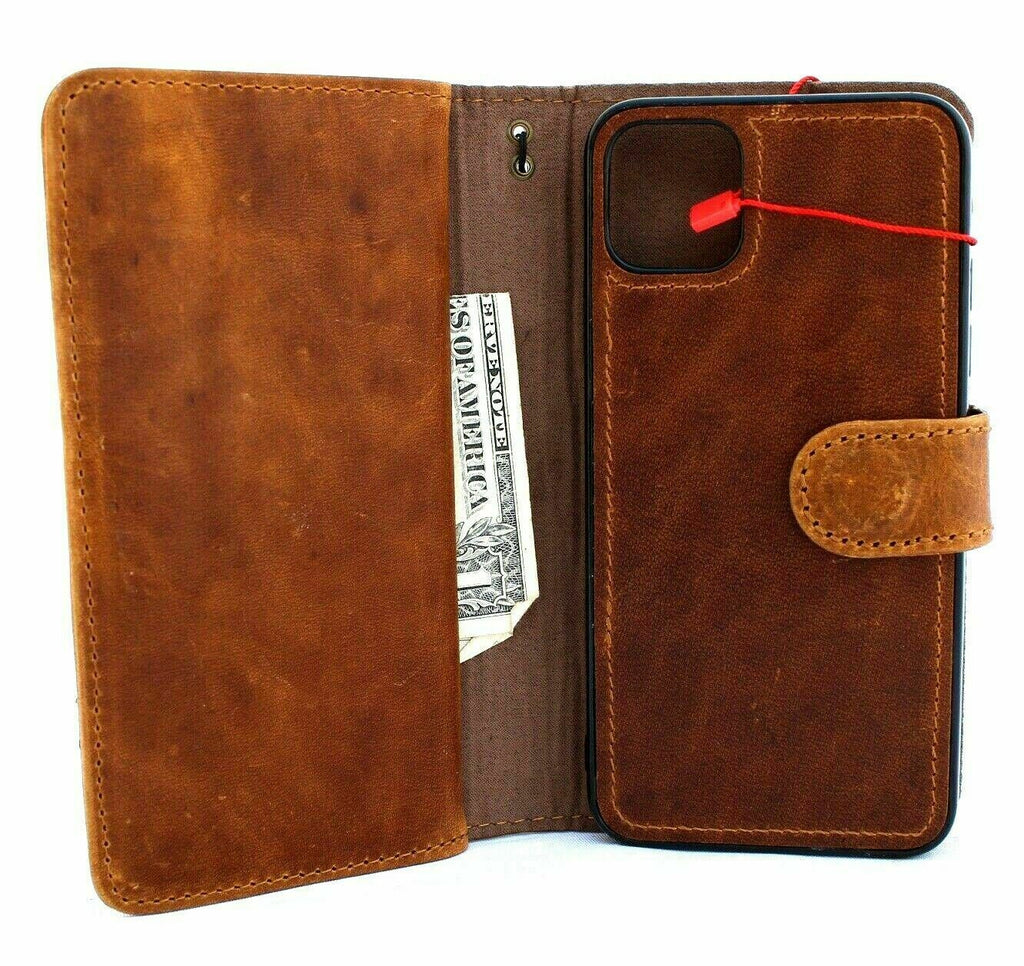 Handmade genuine leather wallet phone case for Apple iPhone 11 Pro Max with magnetic closure and detachable credit card holder by DAVISCASE