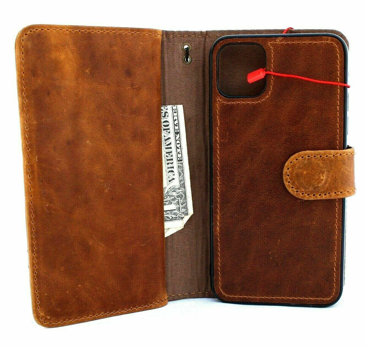 Handmade genuine leather wallet phone case for Apple iPhone 11 Pro Max with magnetic closure and detachable credit card holder by DAVISCASE