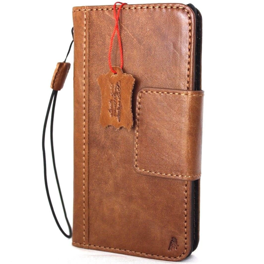 Bright brown genuine leather iPhone X wallet case with magnetic closure, card slots, slim vintage design, handmade by Daviscase