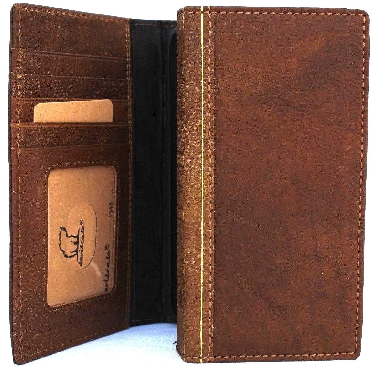 Vintage tan leather iPhone XS case with wallet design, card slots, slim profile, handmade by Daviscase.
