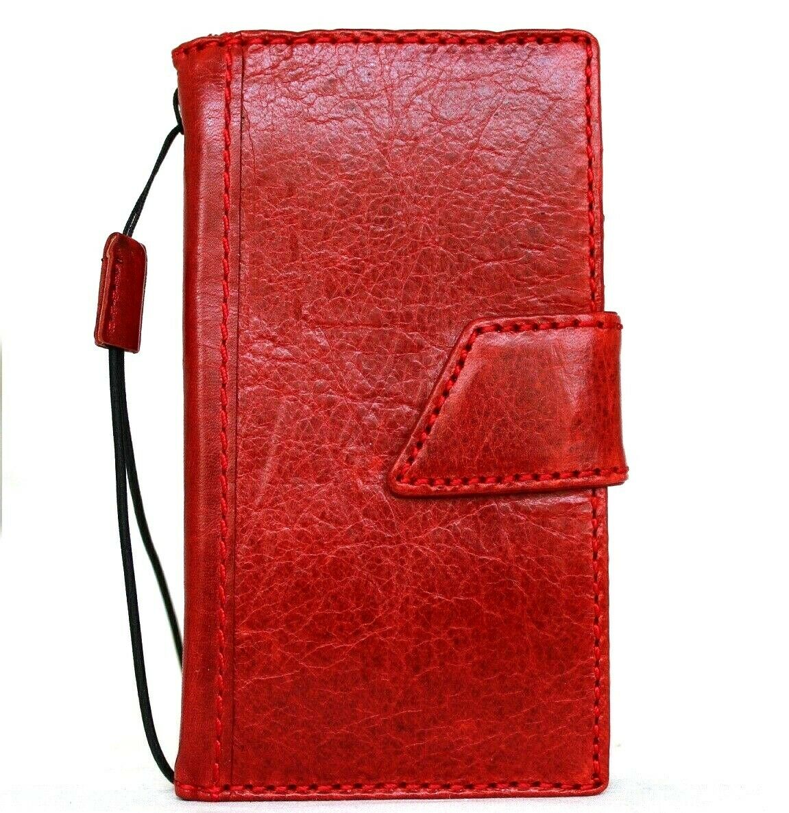 Genuine red leather iPhone 13 Mini wallet case by DAVISCASE with magnetic closure, slim soft cover and card slots.