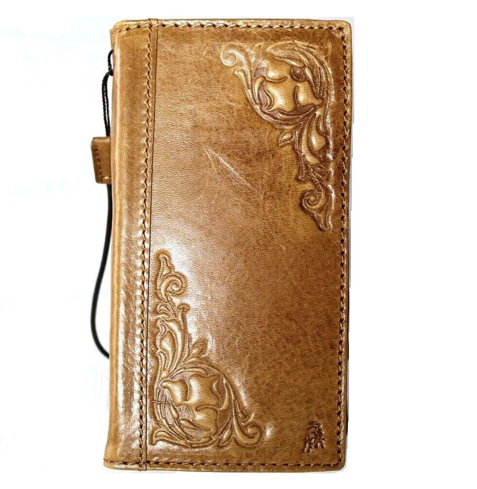 Handcrafted DavisCase genuine leather wallet phone case for iPhone models with vintage style, card slots, full grain tan leather.