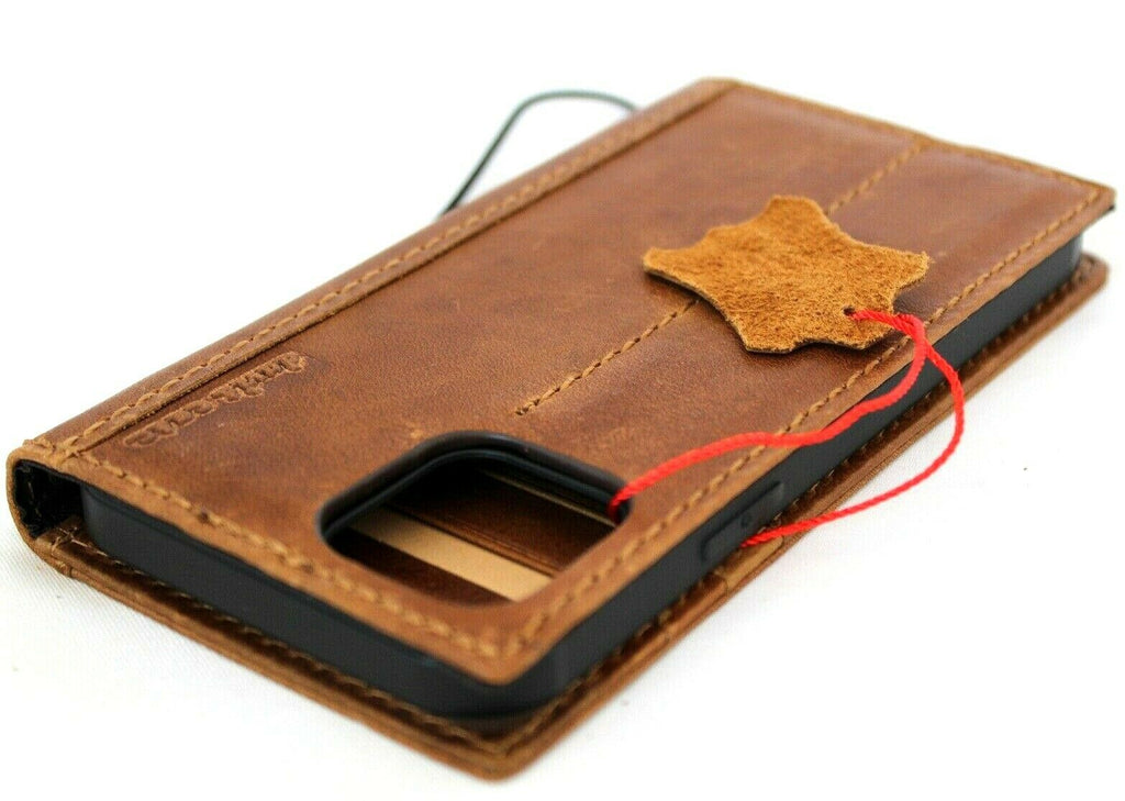 Genuine tan leather iPhone 12 Pro case by DAVISCASE with ID window, credit card slots, vintage soft slim cover, full grain leather
