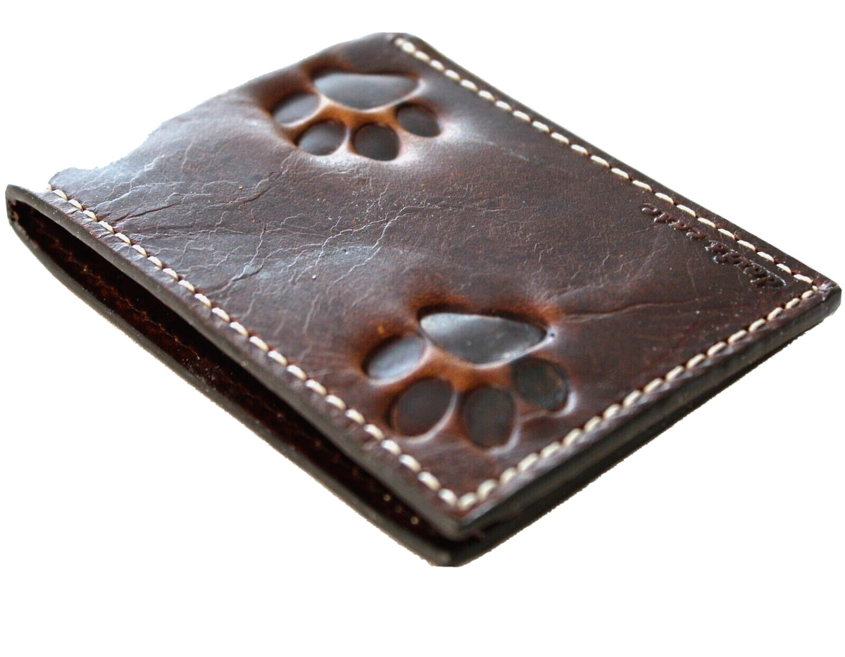 Men's genuine brown leather wallet with credit card slots and bill compartment, featuring a dog and cat paw design by DAVISCASE.