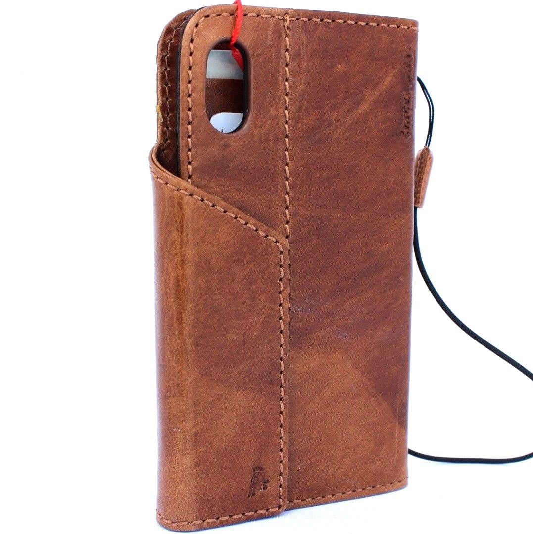 Bright brown genuine leather iPhone X wallet case with magnetic closure, card slots, slim vintage design by Daviscase.