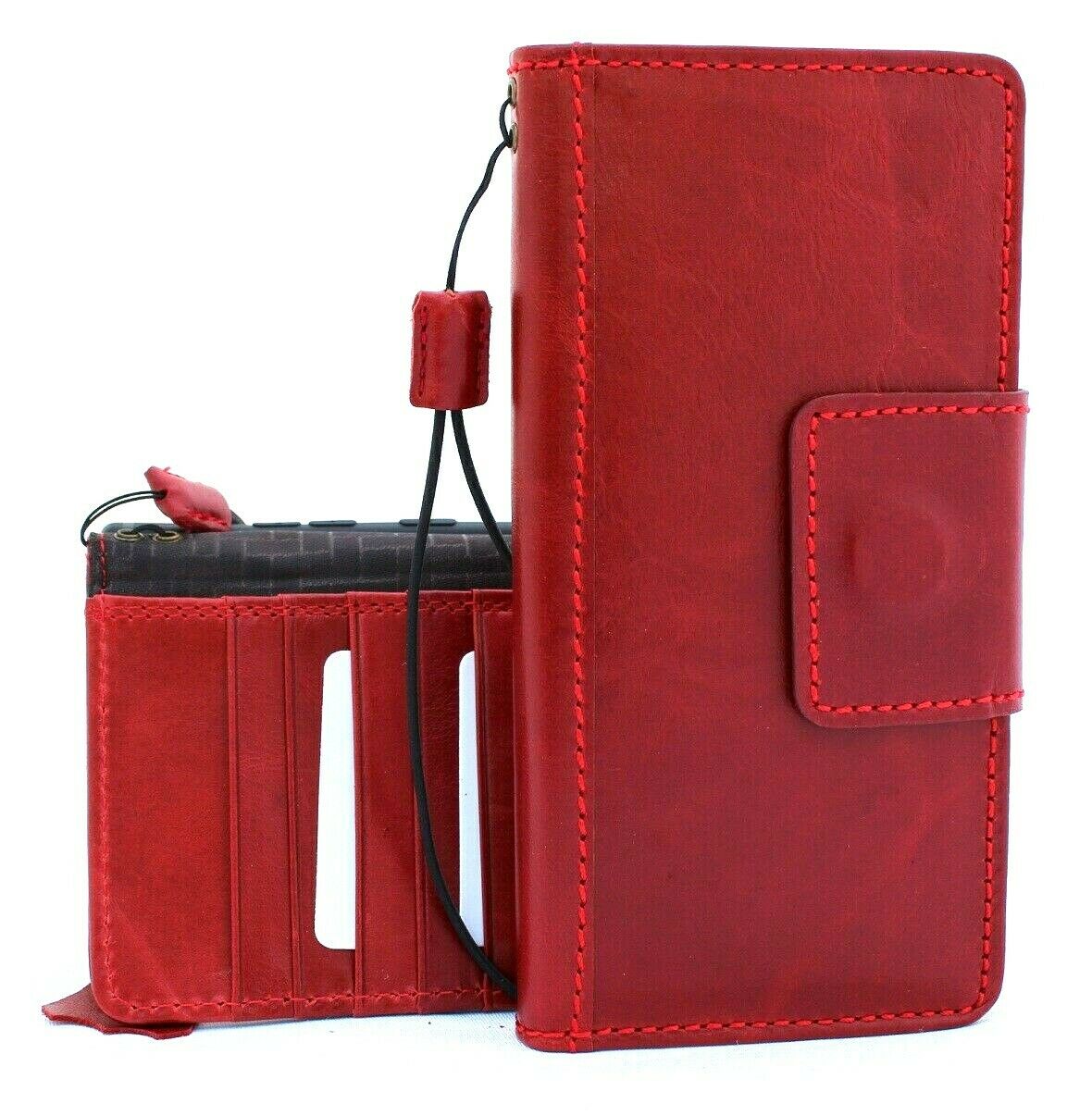 Red genuine leather flip wallet case for Samsung Galaxy Note 10 Plus by DAVISCASE, with card slots and magnetic closure.