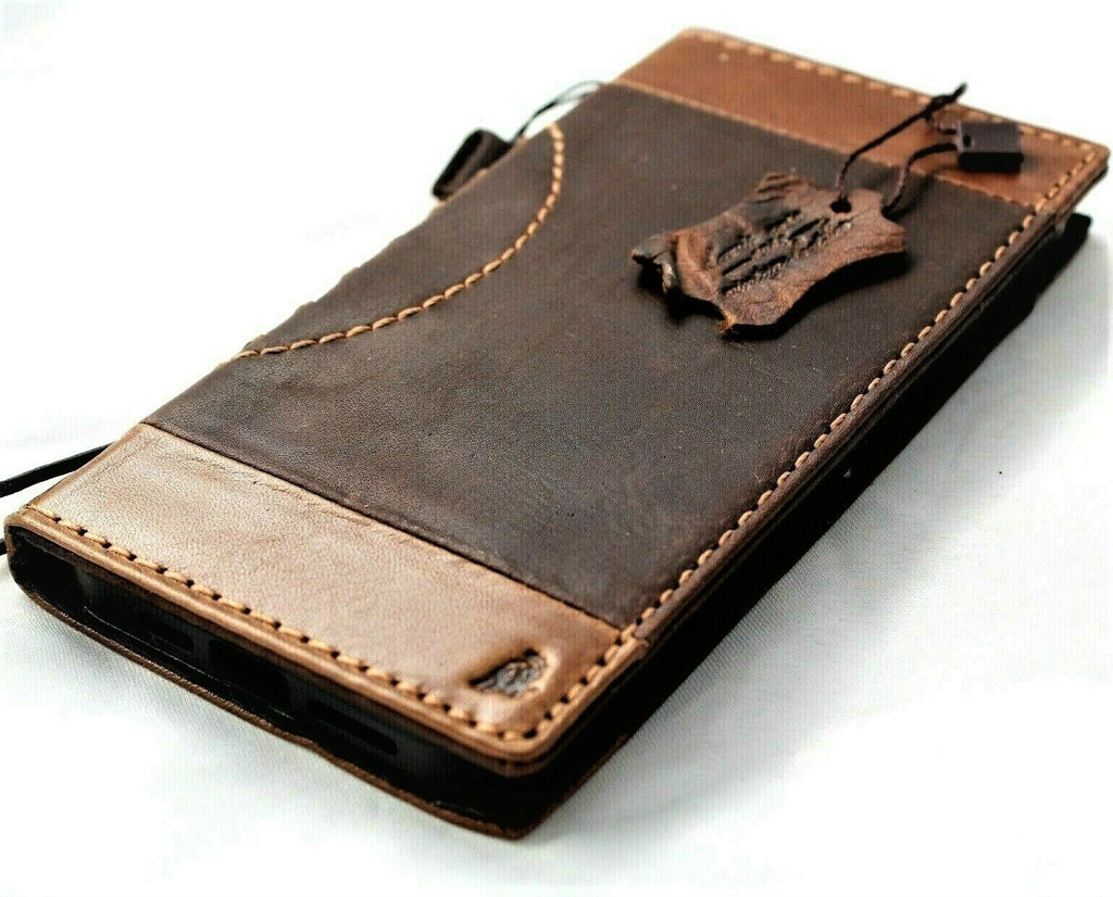 DavisCase genuine leather wallet phone case for iPhone 11-15 Pro Max, vintage style with ID window and credit card slots.