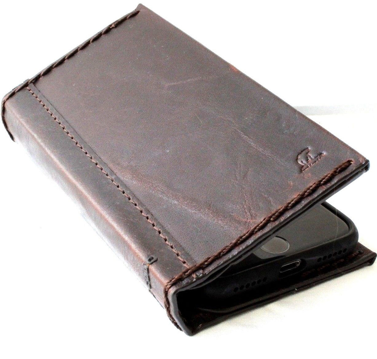 DavisCase genuine dark leather handmade iPhone 8 slim cover with card slots, vintage business style, soft wireless charging compatible