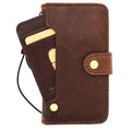 Dark brown vintage leather iPhone SE 2 case by DavisCase with wallet card slots and classic art design, wireless charging compatible.