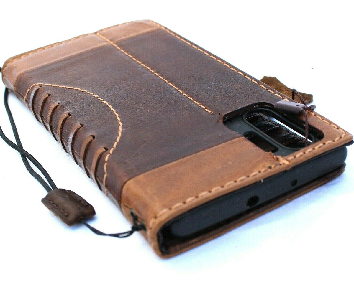 Genuine leather wallet case for Samsung Galaxy Note 10 Plus, slim design with card slots, ID window, and rubber stand by DavisCASE.