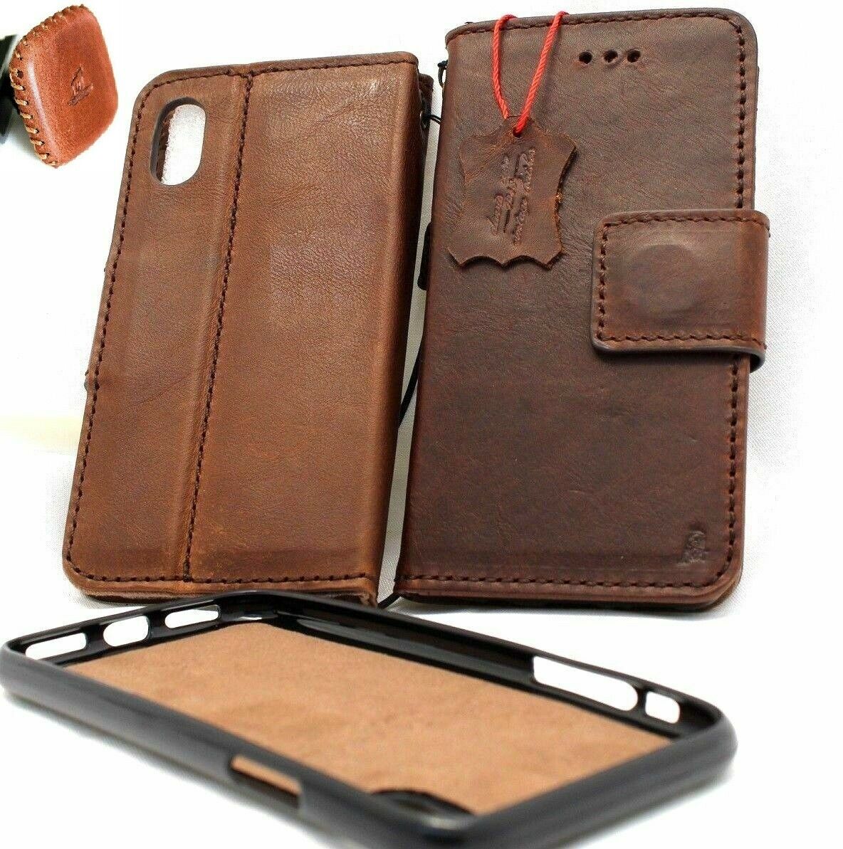 Genuine full leather iPhone XS case by DAVISCASE with wallet card holder, magnetic stand, and removable rubber cover.