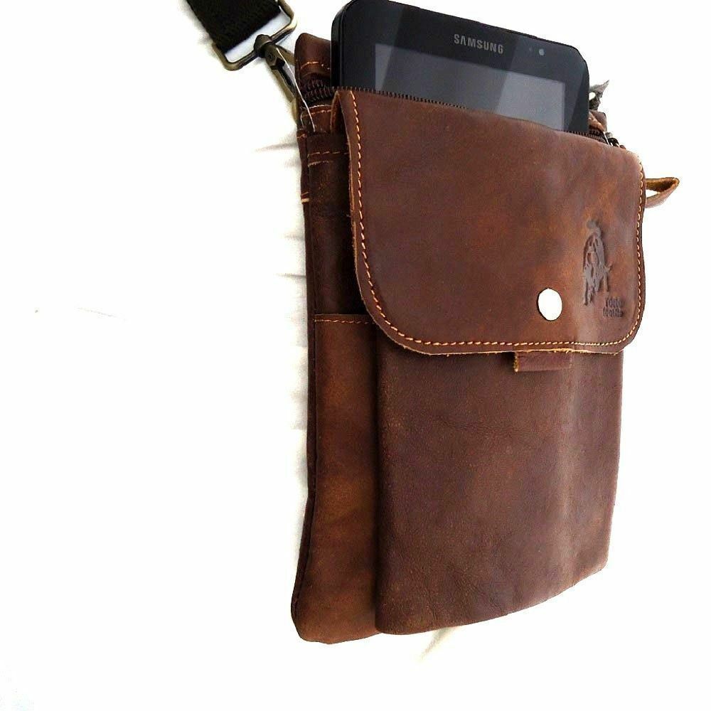Genuine leather shoulder bag by DAVISCASE with zipper pocket, waist tablet pouch, suitable for men and women, holding iPad Mini.