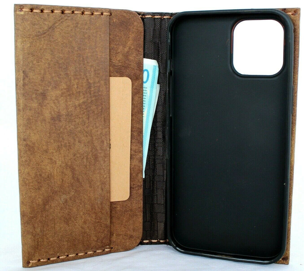 Handmade genuine soft leather case for Apple iPhone 13 Pro Max by DAVISCASE, featuring a vintage wallet design with credit card slots.