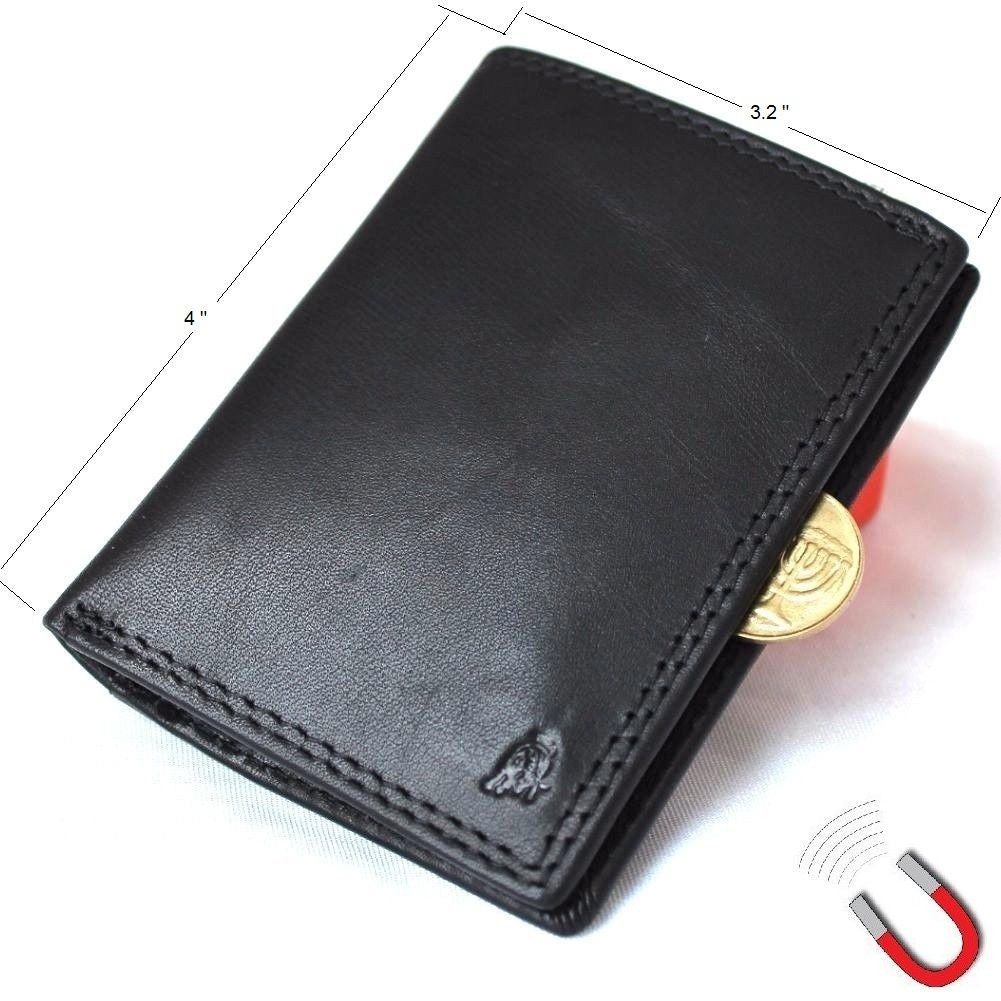 Men's genuine leather mini wallet with card slots, coin zipper, magnetic closure in black, slim and soft design.