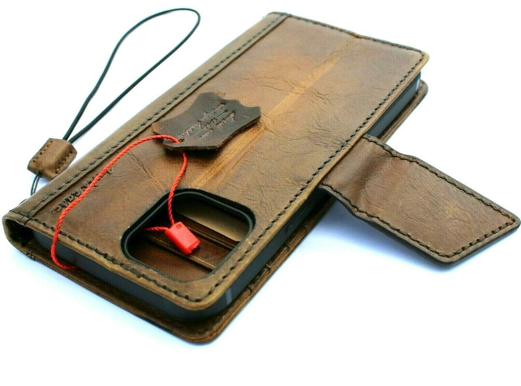 Vintage style genuine leather phone case for iPhone 13 12 11 14 15 Pro Max with credit card slots and magnetic closure by DAVISCASE