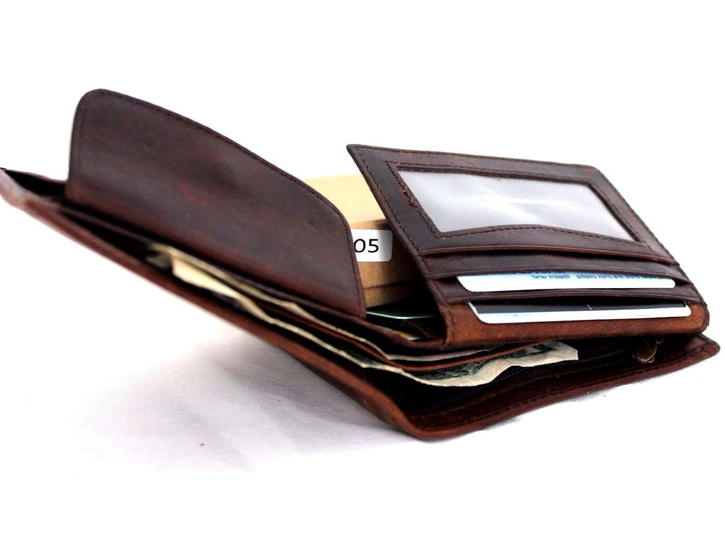 Men's vintage brown leather wallet with coin pocket, slim design, crafted from natural Italian leather, retro style luxury accessory.