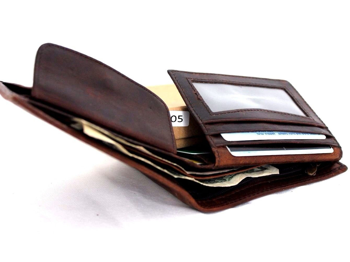 Men's vintage brown leather wallet with coin pocket, slim design, crafted from natural Italian leather, retro style luxury accessory.