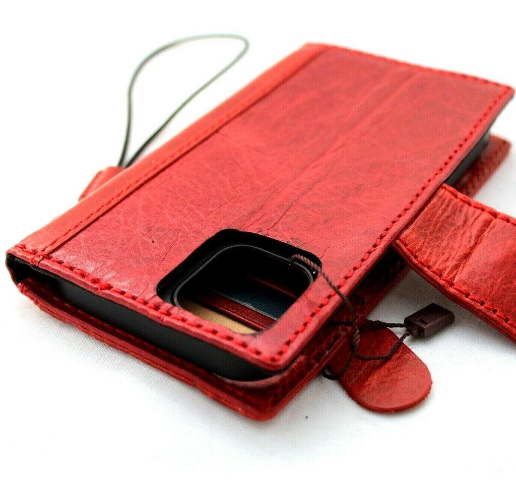 Genuine red leather iPhone 12 Mini wallet case with magnetic closure, slim soft cover, handmade by DAVISCASE.