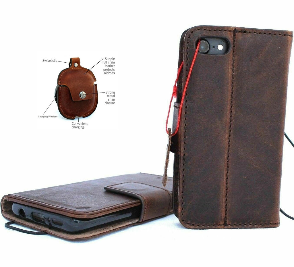 Dark leather iPhone 8 case by DAVISCASE with card slots, magnetic cover, slim vintage design, and detachable AirPods 2 case
